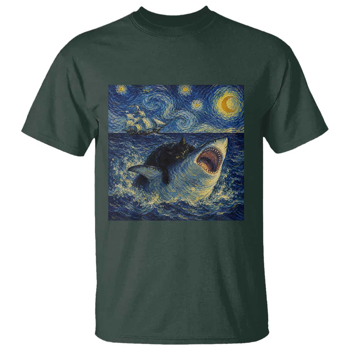 Funny Cat Biting Shark Starry Night Inspired Art T Shirt