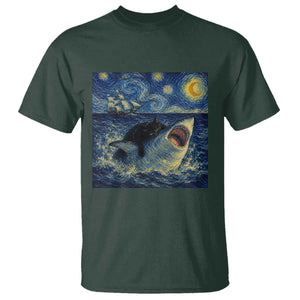 Funny Cat Biting Shark Starry Night Inspired Art T Shirt