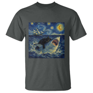 Funny Cat Biting Shark Starry Night Inspired Art T Shirt