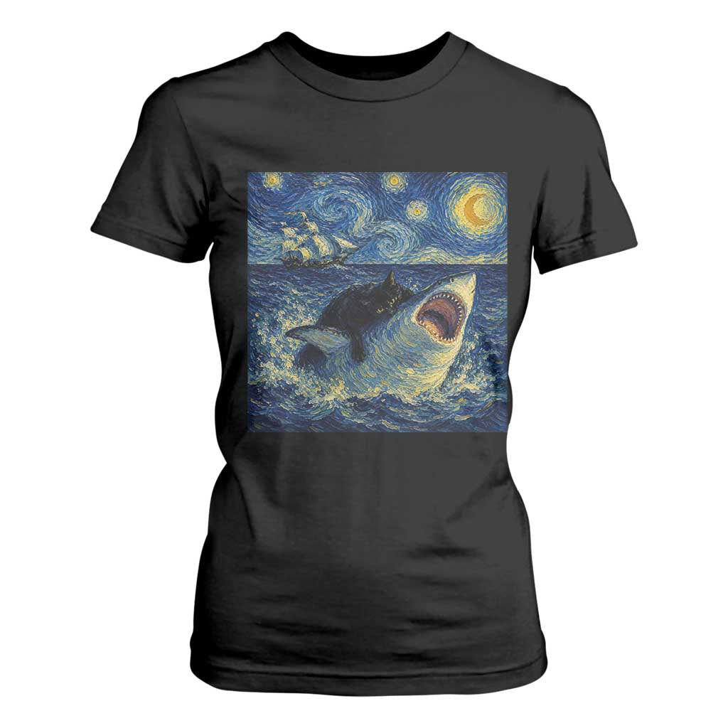 Funny Cat Biting Shark Starry Night Inspired Art T Shirt For Women TS12 Black Print Your Wear