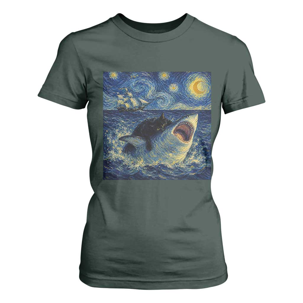 Funny Cat Biting Shark Starry Night Inspired Art T Shirt For Women