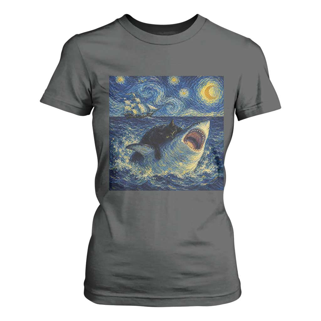 Funny Cat Biting Shark Starry Night Inspired Art T Shirt For Women