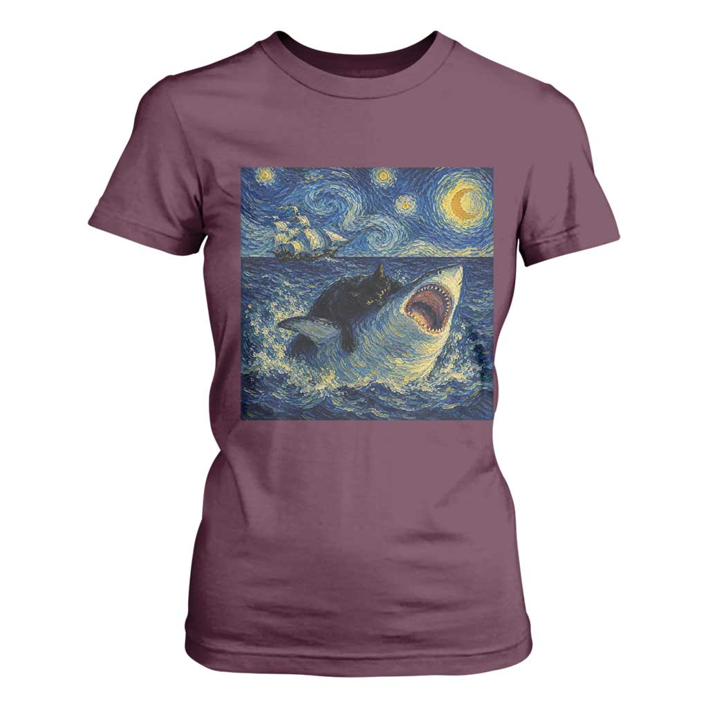 Funny Cat Biting Shark Starry Night Inspired Art T Shirt For Women