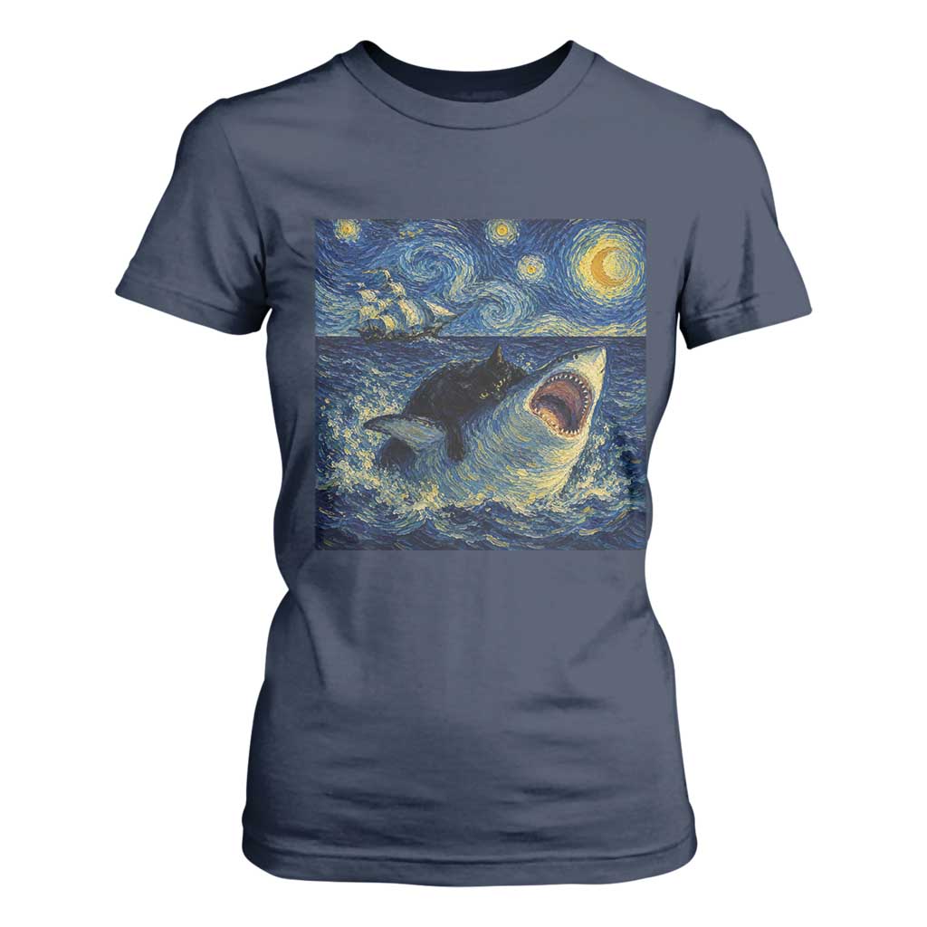 Funny Cat Biting Shark Starry Night Inspired Art T Shirt For Women