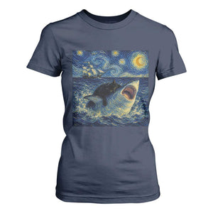 Funny Cat Biting Shark Starry Night Inspired Art T Shirt For Women