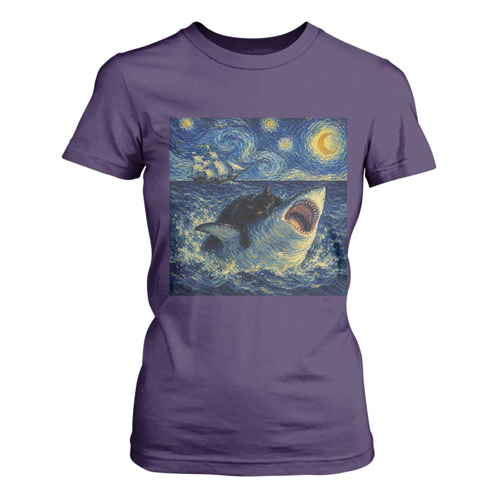 Funny Cat Biting Shark Starry Night Inspired Art T Shirt For Women