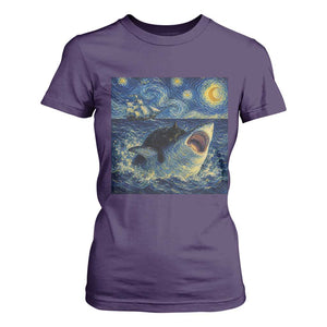 Funny Cat Biting Shark Starry Night Inspired Art T Shirt For Women