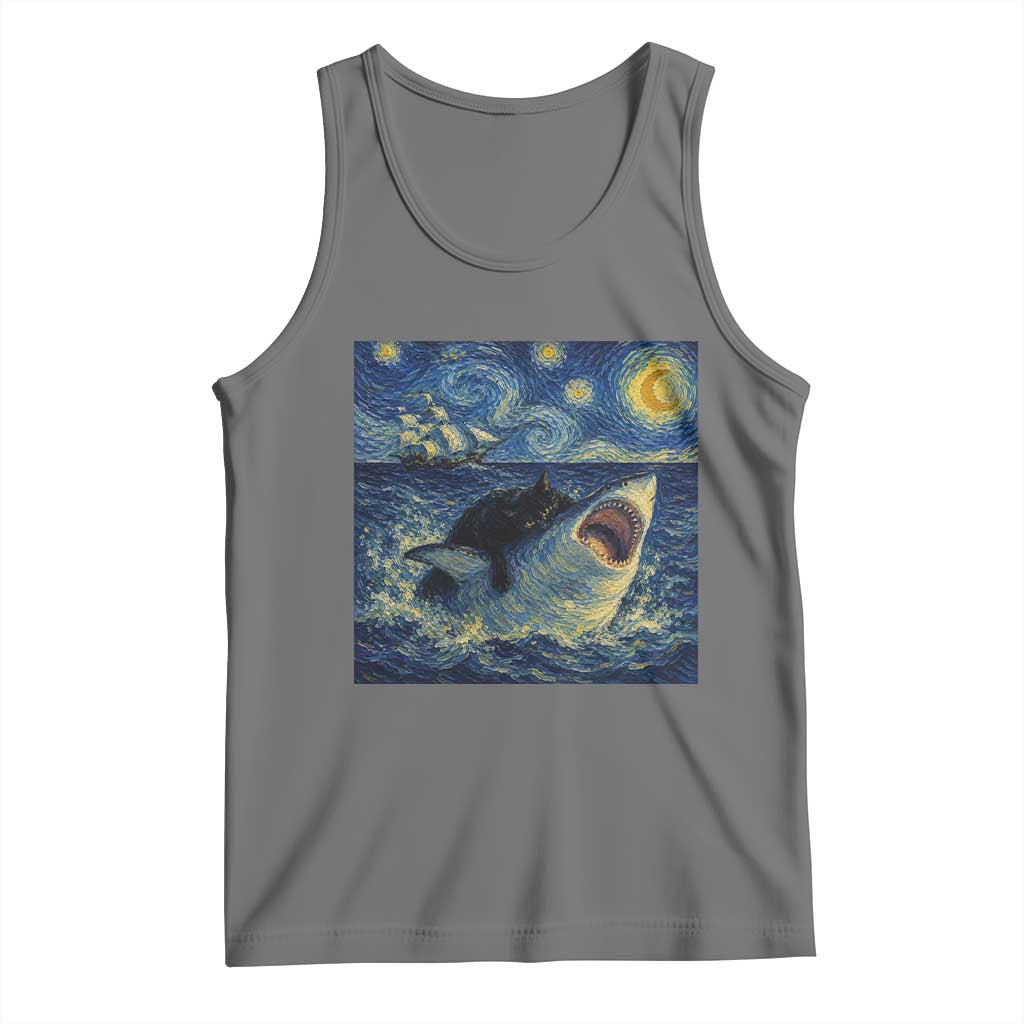 Funny Cat Biting Shark Starry Night Inspired Art Tank Top