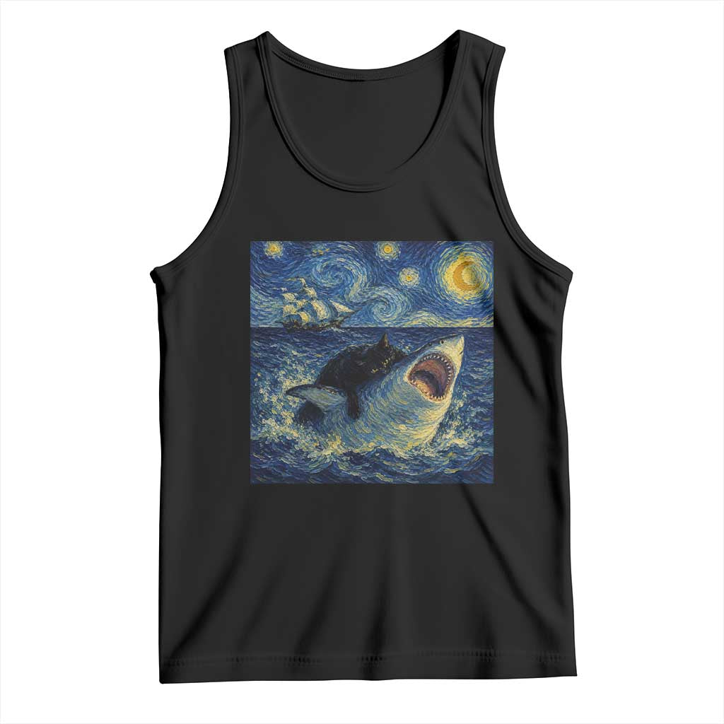 Funny Cat Biting Shark Starry Night Inspired Art Tank Top TS12 Black Print Your Wear