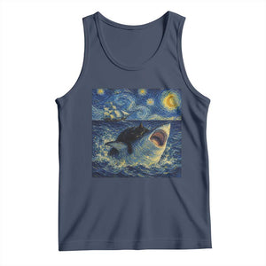 Funny Cat Biting Shark Starry Night Inspired Art Tank Top