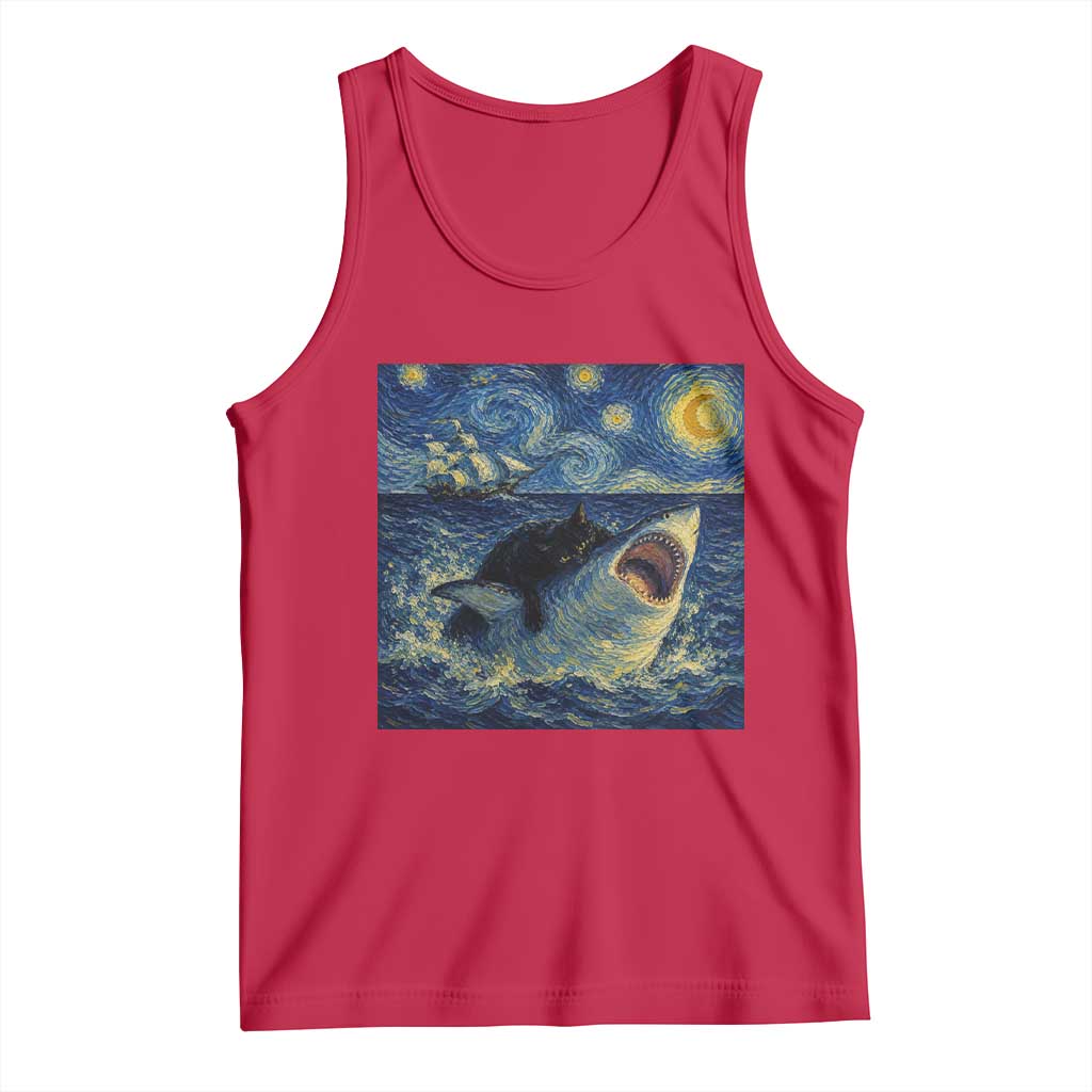 Funny Cat Biting Shark Starry Night Inspired Art Tank Top