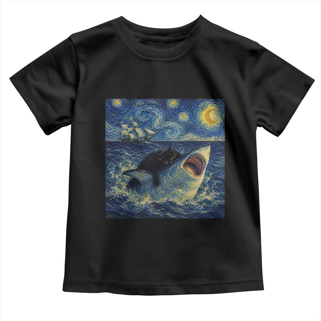 Funny Cat Biting Shark Starry Night Inspired Art Toddler T Shirt