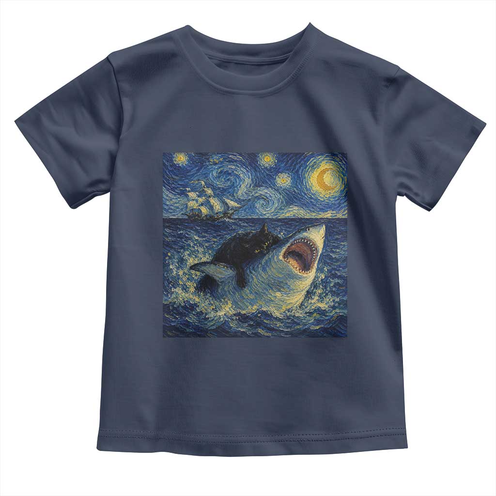 Funny Cat Biting Shark Starry Night Inspired Art Toddler T Shirt