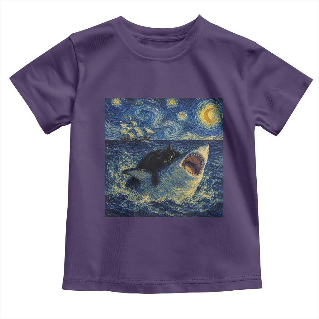 Funny Cat Biting Shark Starry Night Inspired Art Toddler T Shirt