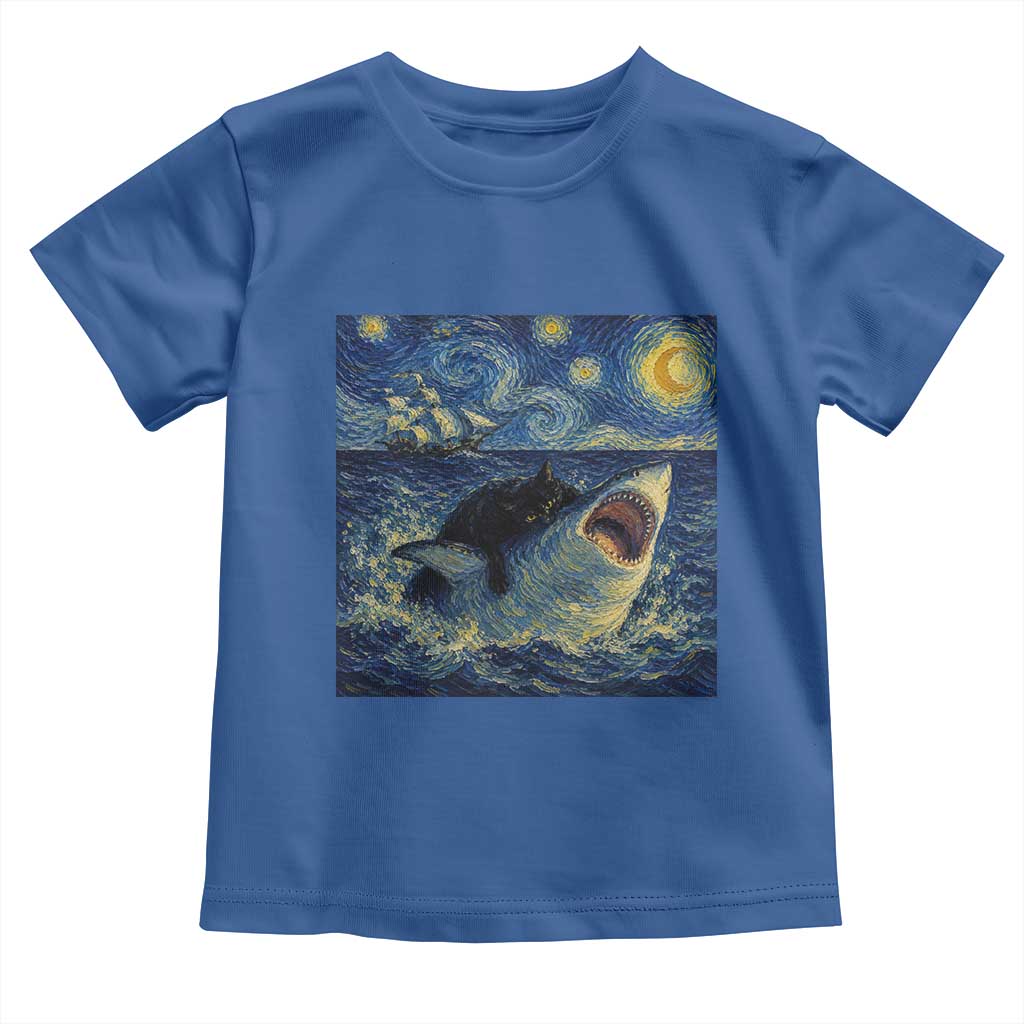 Funny Cat Biting Shark Starry Night Inspired Art Toddler T Shirt