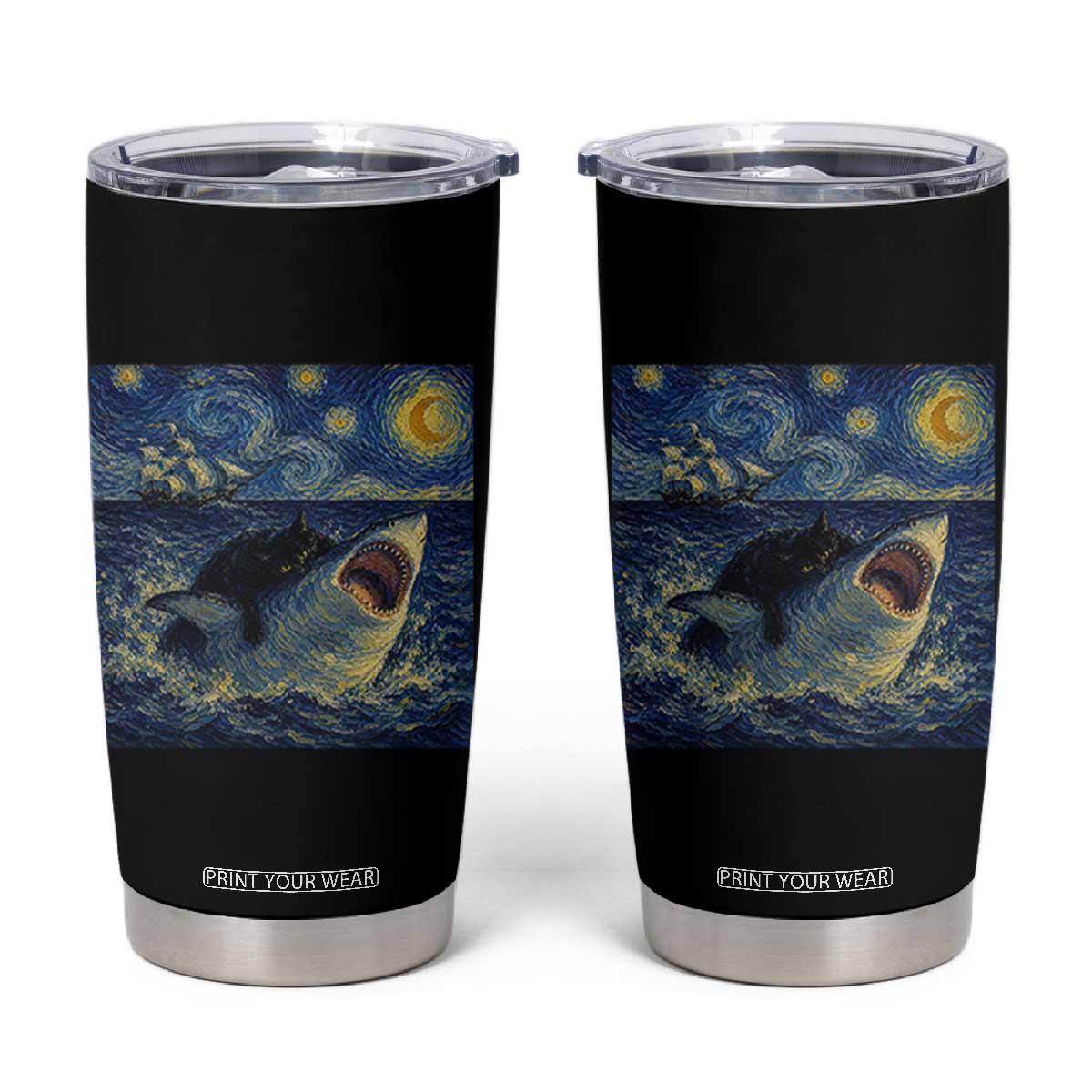 Funny Cat Biting Shark Starry Night Inspired Art Tumbler Cup TS12 Black Print Your Wear