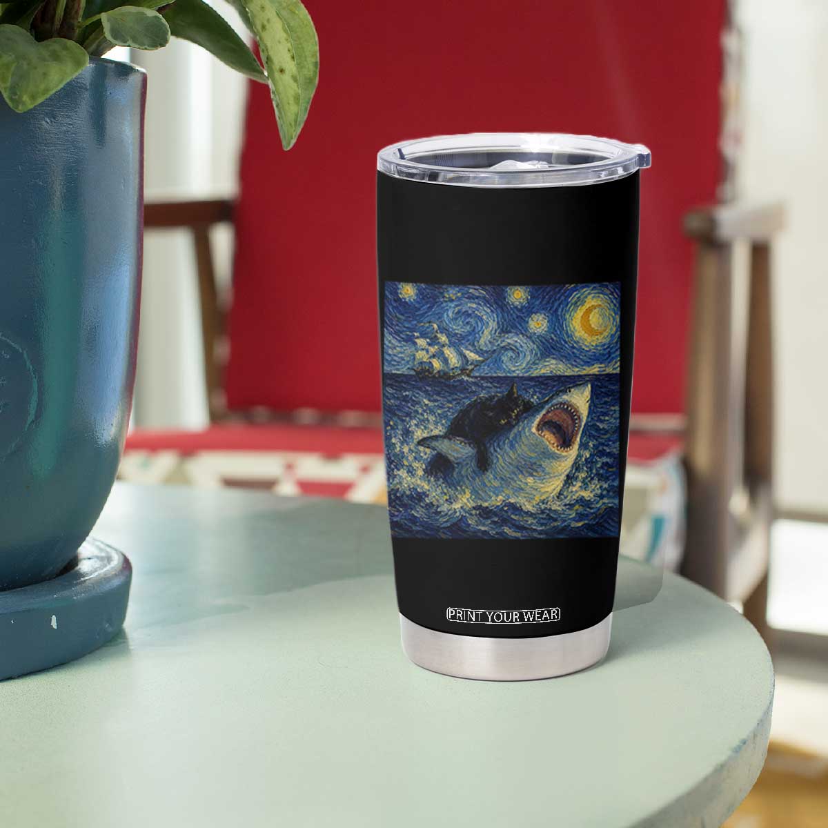 Funny Cat Biting Shark Starry Night Inspired Art Tumbler Cup