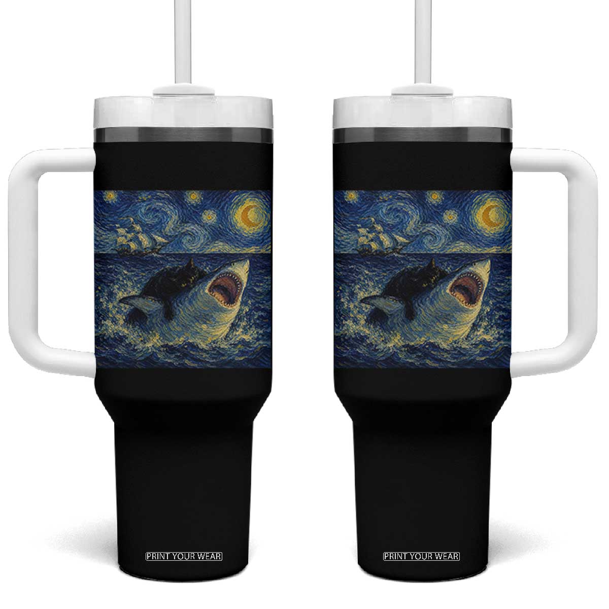 Funny Cat Biting Shark Starry Night Inspired Art Tumbler With Handle
