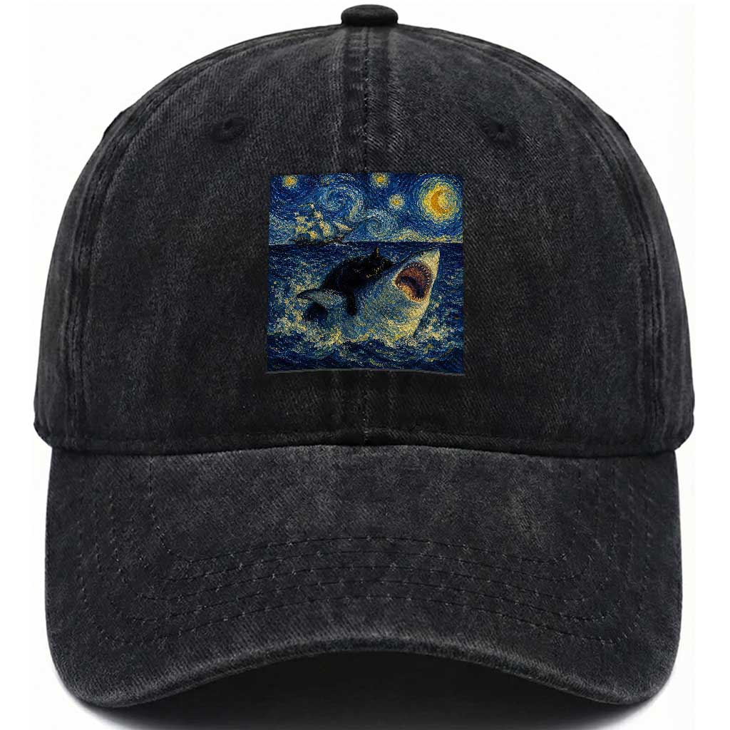 Funny Cat Biting Shark Starry Night Inspired Art Washed Cotton Baseball Cap TS12 Print Your Wear
