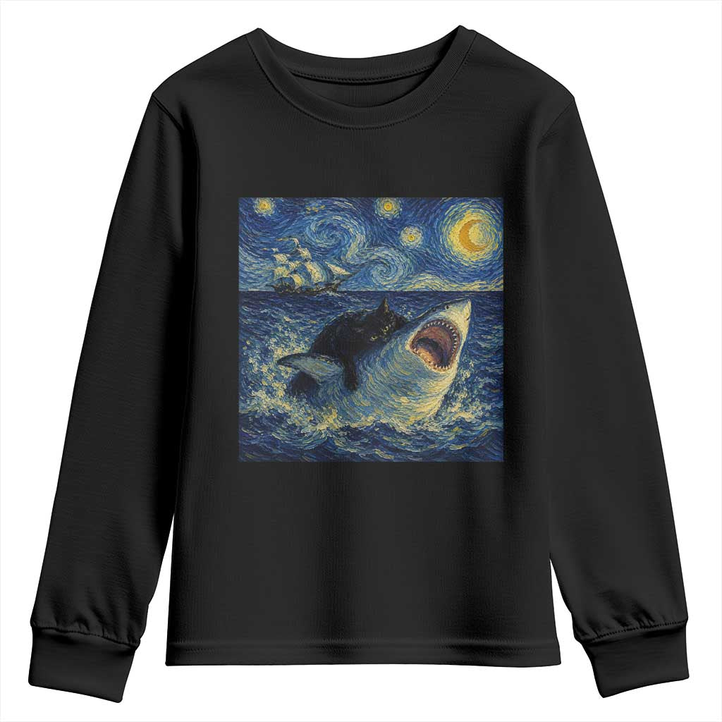 Funny Cat Biting Shark Starry Night Inspired Art Youth Sweatshirt TS12 Black Print Your Wear