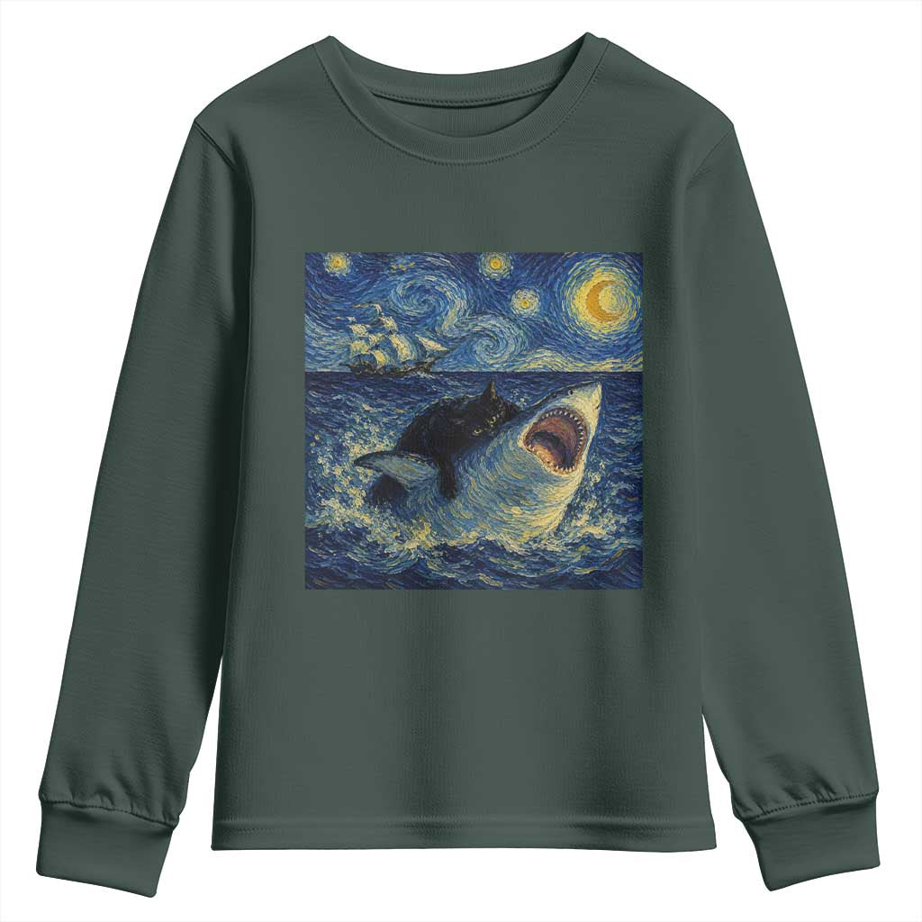 Funny Cat Biting Shark Starry Night Inspired Art Youth Sweatshirt