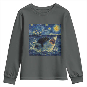 Funny Cat Biting Shark Starry Night Inspired Art Youth Sweatshirt