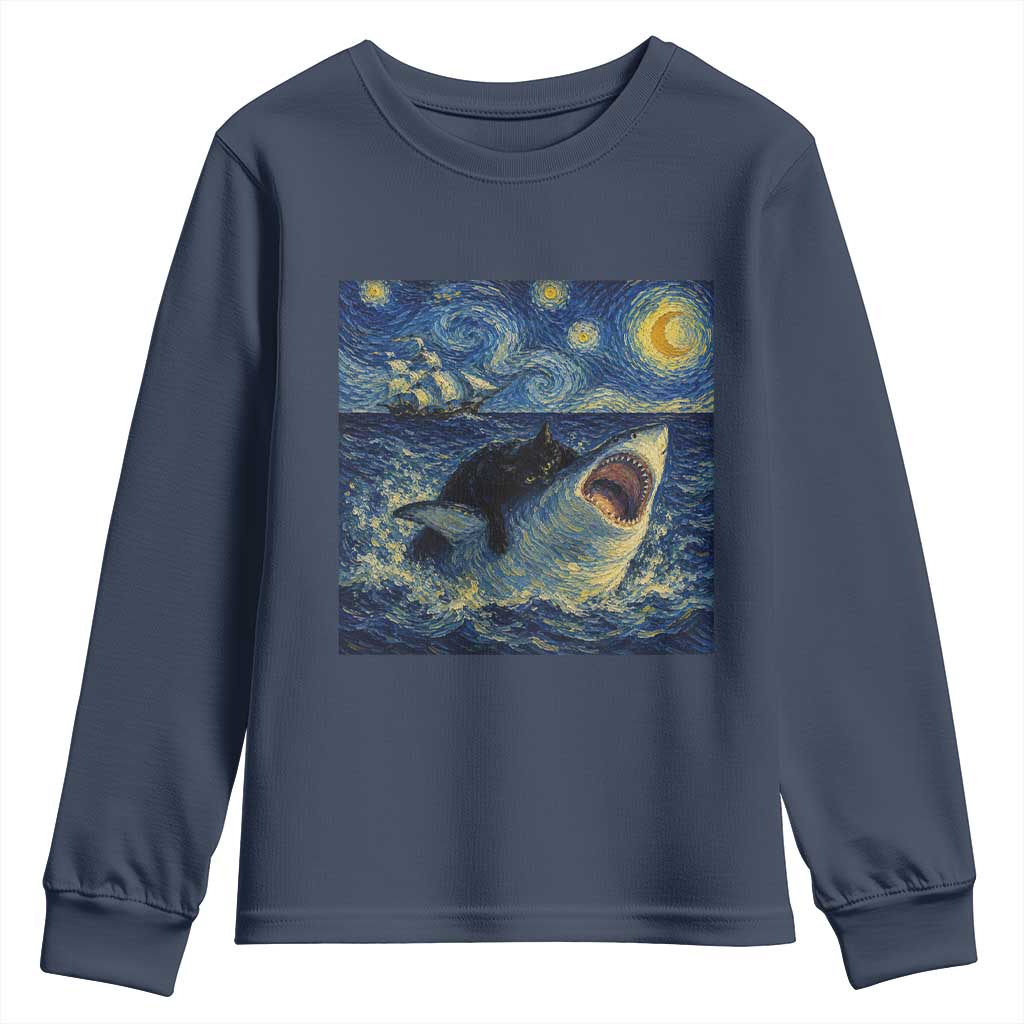 Funny Cat Biting Shark Starry Night Inspired Art Youth Sweatshirt