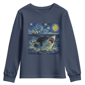 Funny Cat Biting Shark Starry Night Inspired Art Youth Sweatshirt