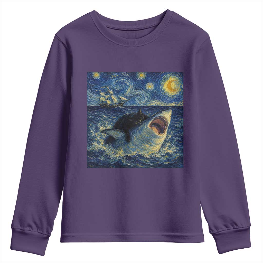 Funny Cat Biting Shark Starry Night Inspired Art Youth Sweatshirt
