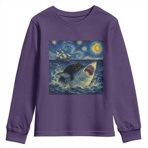 Funny Cat Biting Shark Starry Night Inspired Art Youth Sweatshirt