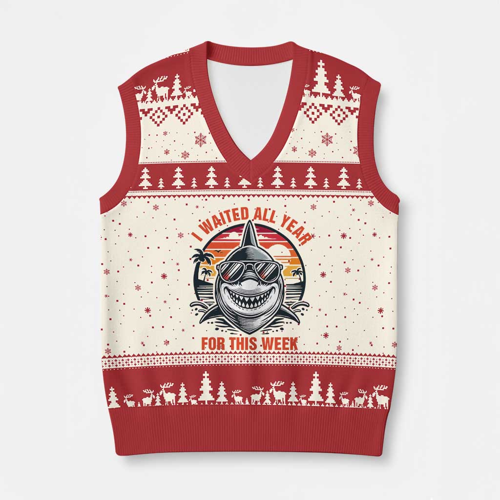 Funny Shark Summer Vacation V-Neck Knit Sweater Vest I Waited All Year For This Week TS12 Beige Red Print Your Wear