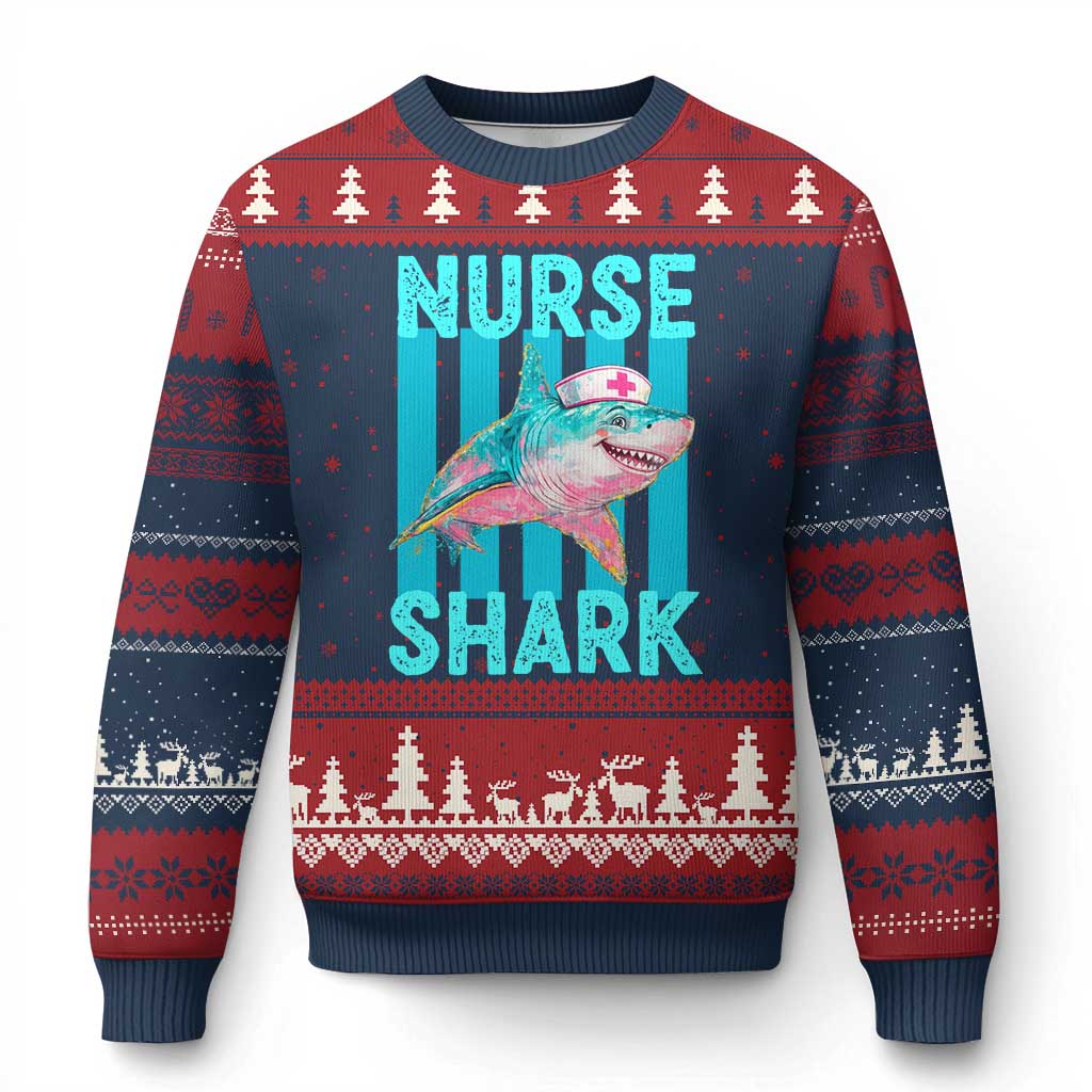 Funny Nurse Shark Ugly Christmas Sweater Medical Worker Appreciation Gift TS12 Navy Red Print Your Wear