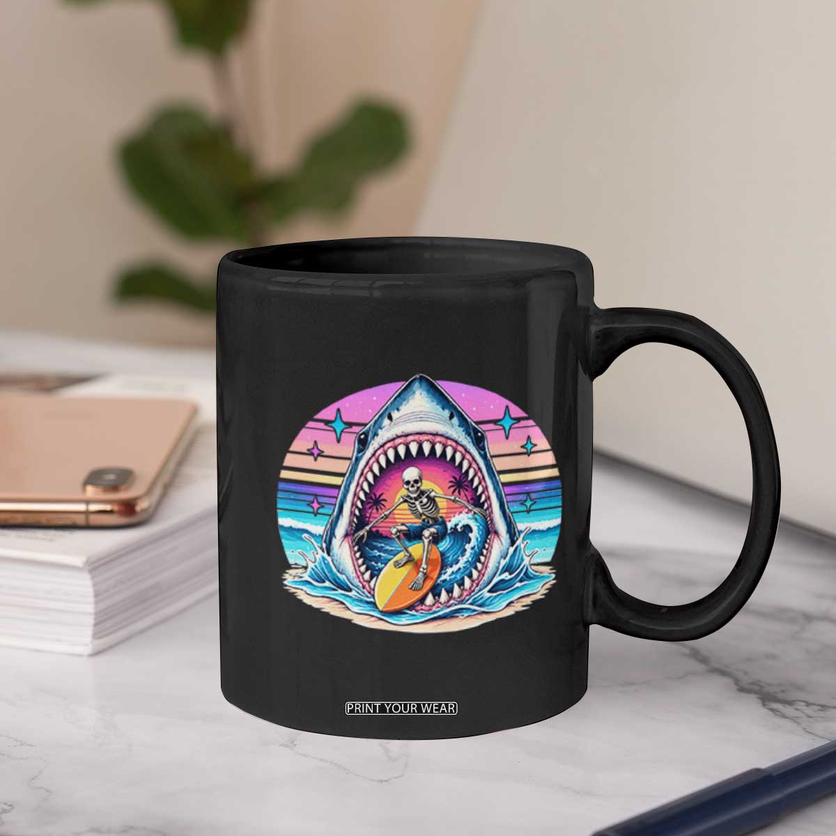 Shark Skeleton Surfer Coffee Mug Hawaiian Beach Vacation Gift