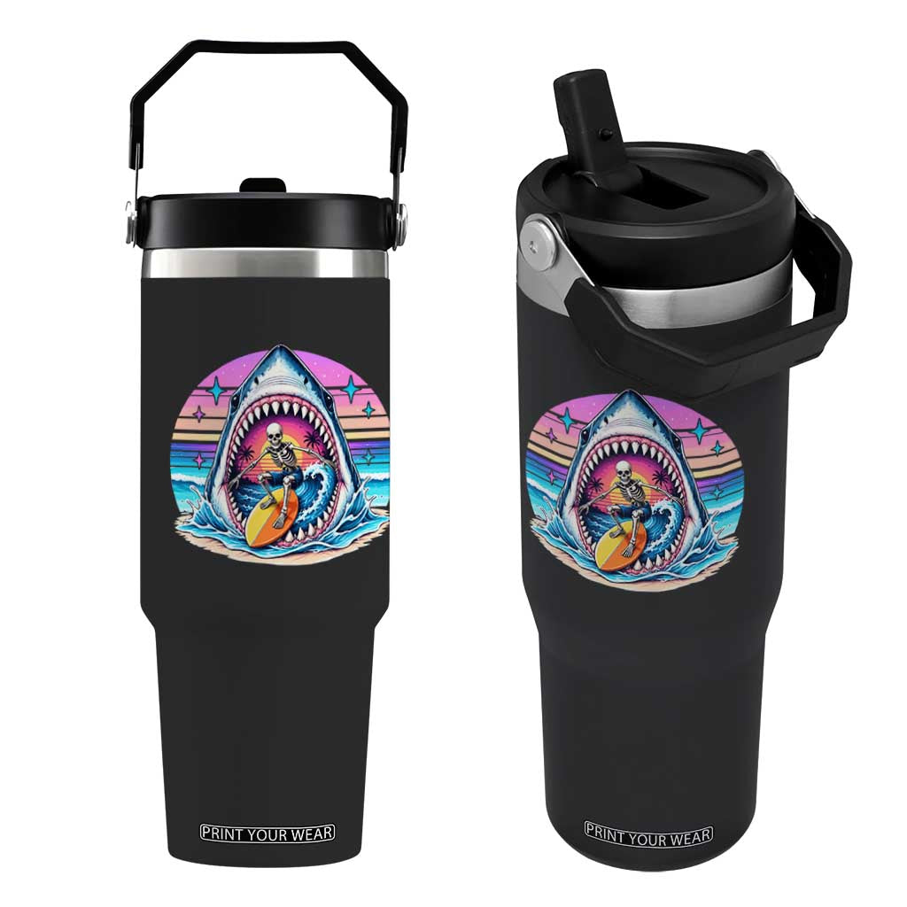 Shark Skeleton Surfer Flip Straw Tumbler Hawaiian Beach Vacation Gift TS12 One Size: 30 oz Black Print Your Wear