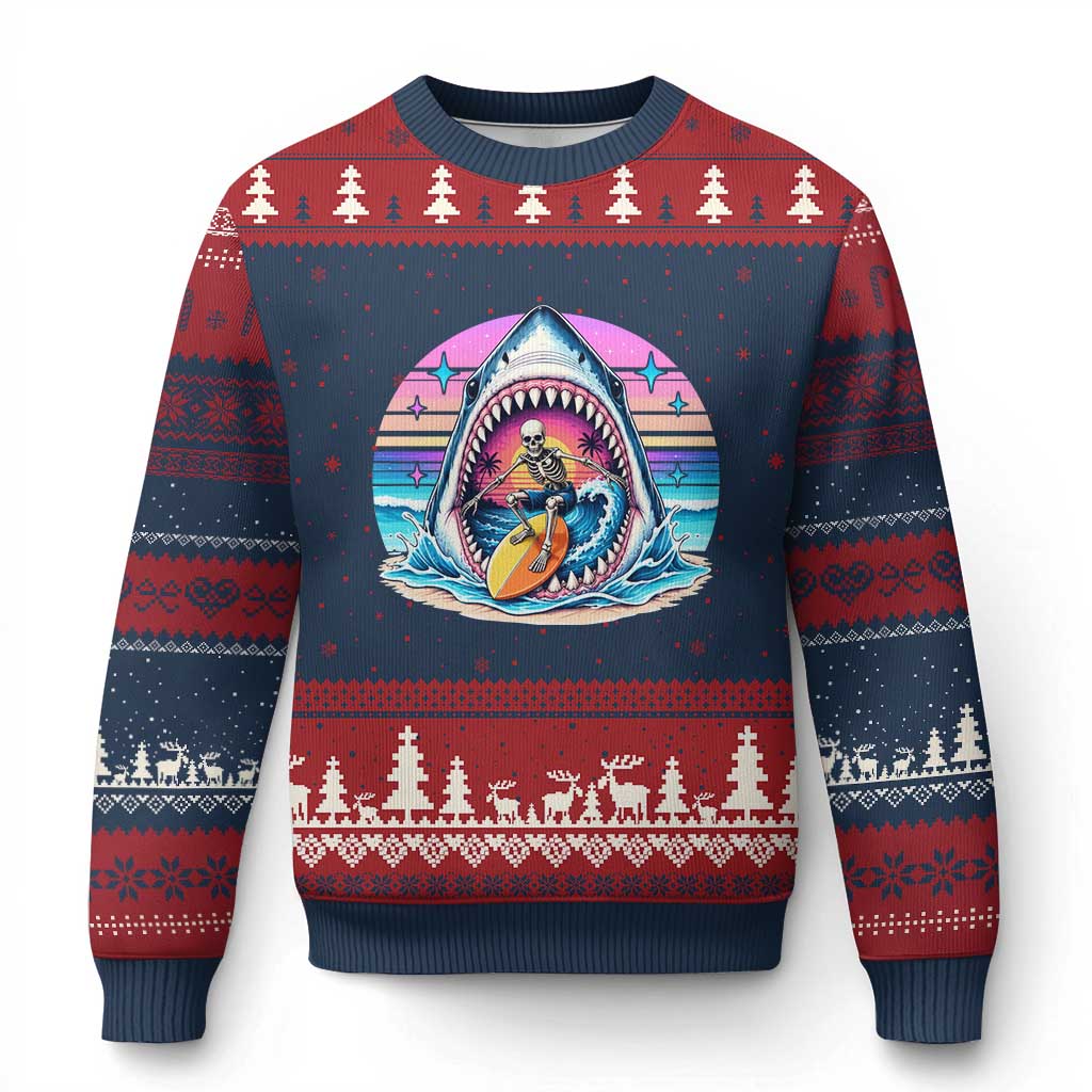 Shark Skeleton Surfer Ugly Christmas Sweater Hawaiian Beach Vacation Gift TS12 Navy Red Print Your Wear