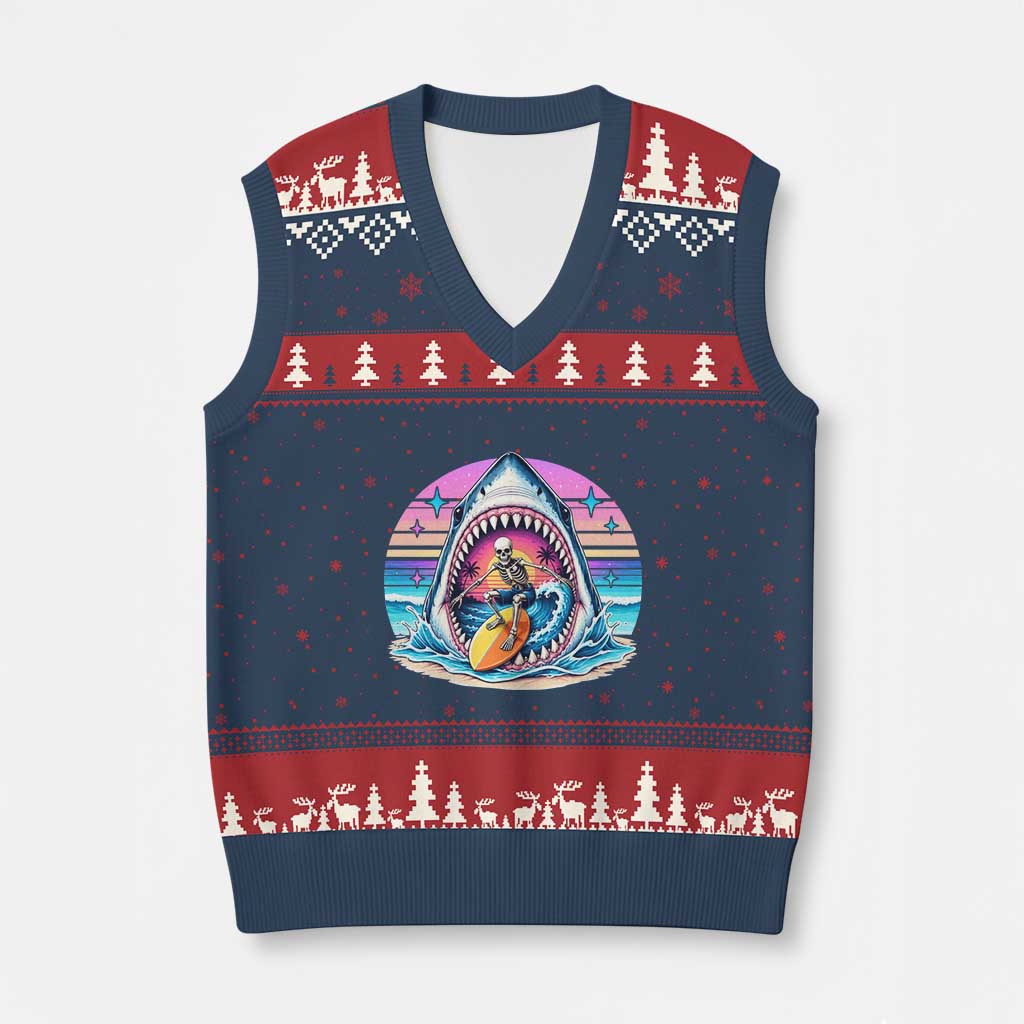 Shark Skeleton Surfer V-Neck Knit Sweater Vest Hawaiian Beach Vacation Gift TS12 Navy Red Print Your Wear