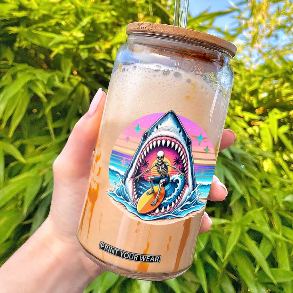 Shark Skeleton Surfer Glass Can Hawaiian Beach Vacation Gift TS12 Black Print Your Wear