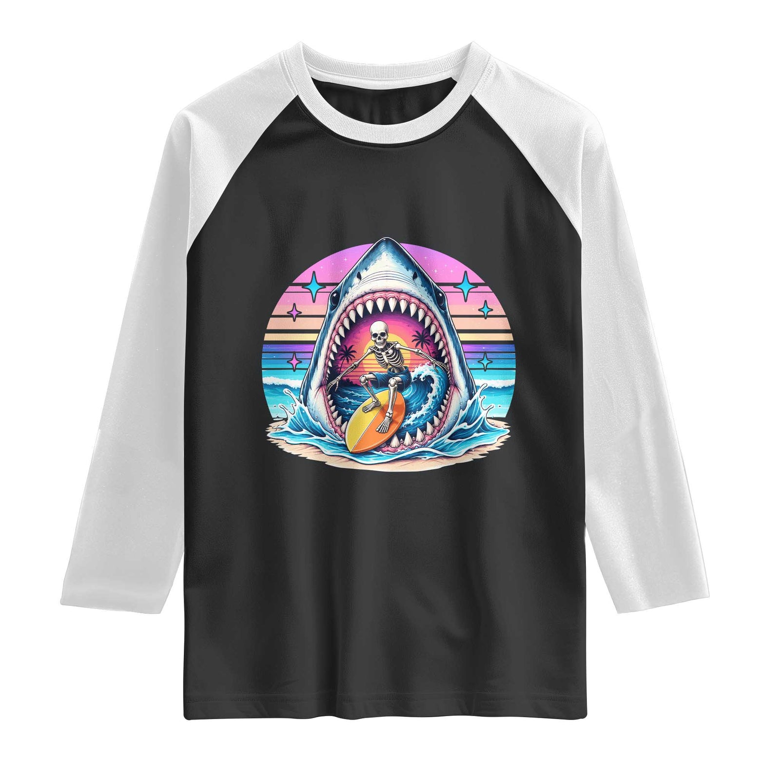 Shark Skeleton Surfer Raglan Shirt Hawaiian Beach Vacation Gift TS12 Black White Print Your Wear