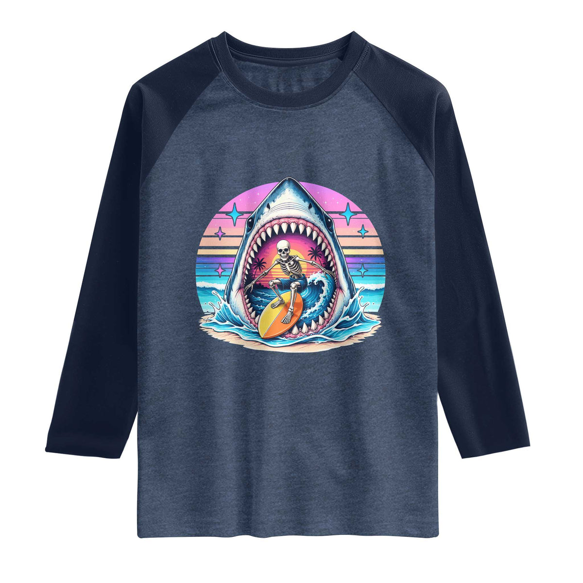 Shark Skeleton Surfer Raglan Shirt Hawaiian Beach Vacation Gift
