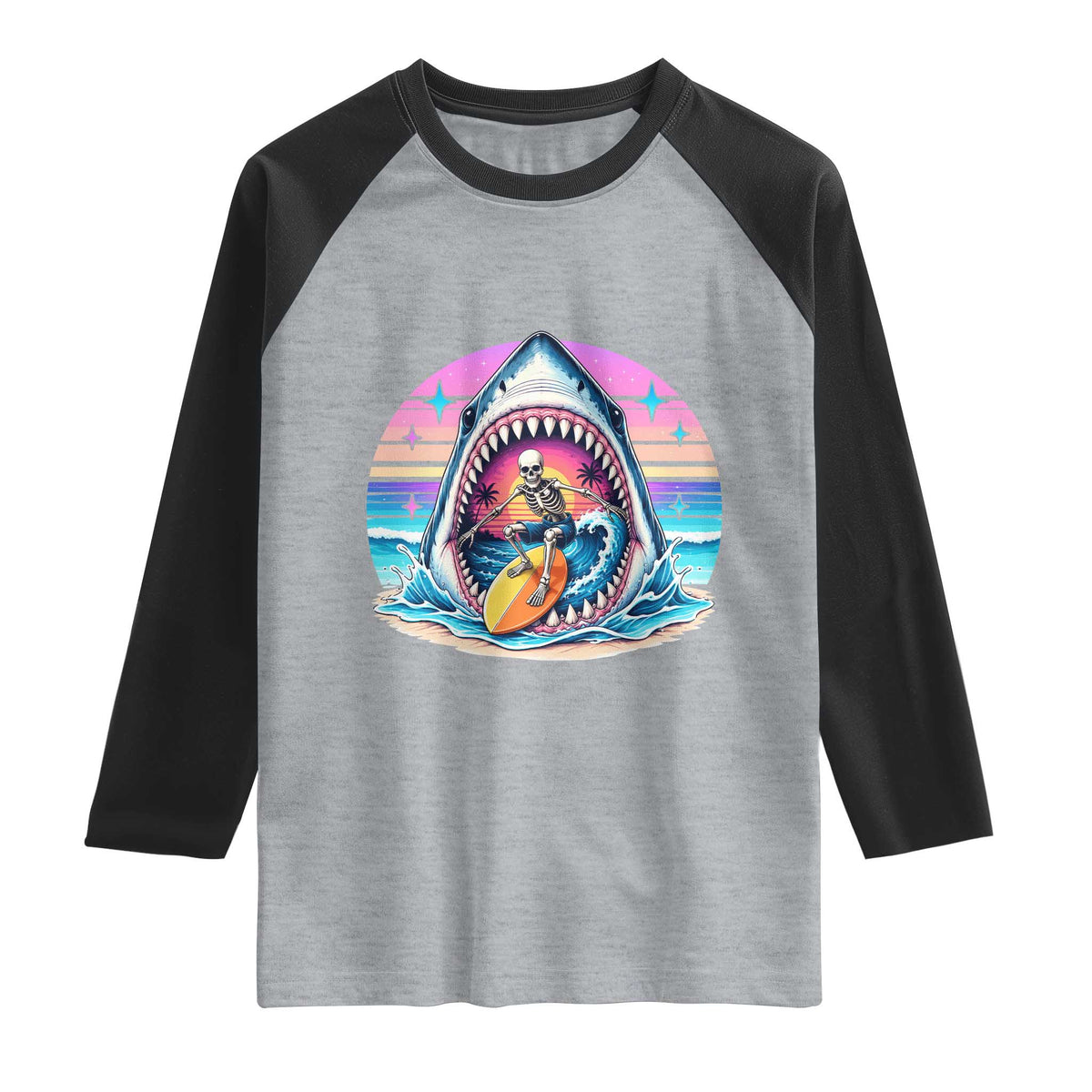 Shark Skeleton Surfer Raglan Shirt Hawaiian Beach Vacation Gift