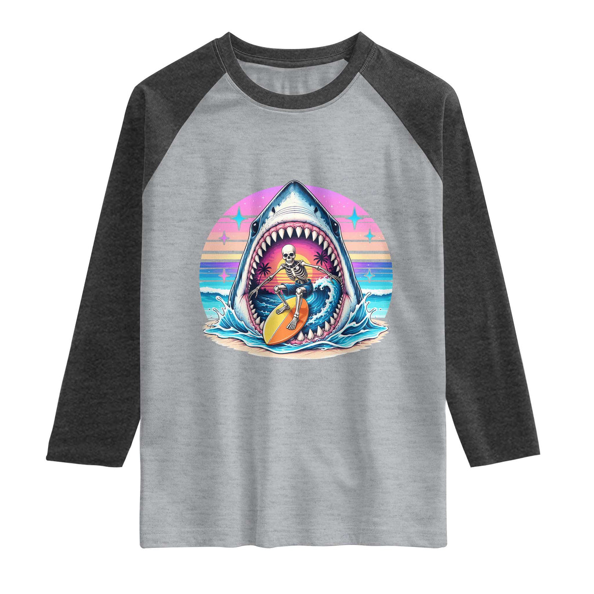 Shark Skeleton Surfer Raglan Shirt Hawaiian Beach Vacation Gift