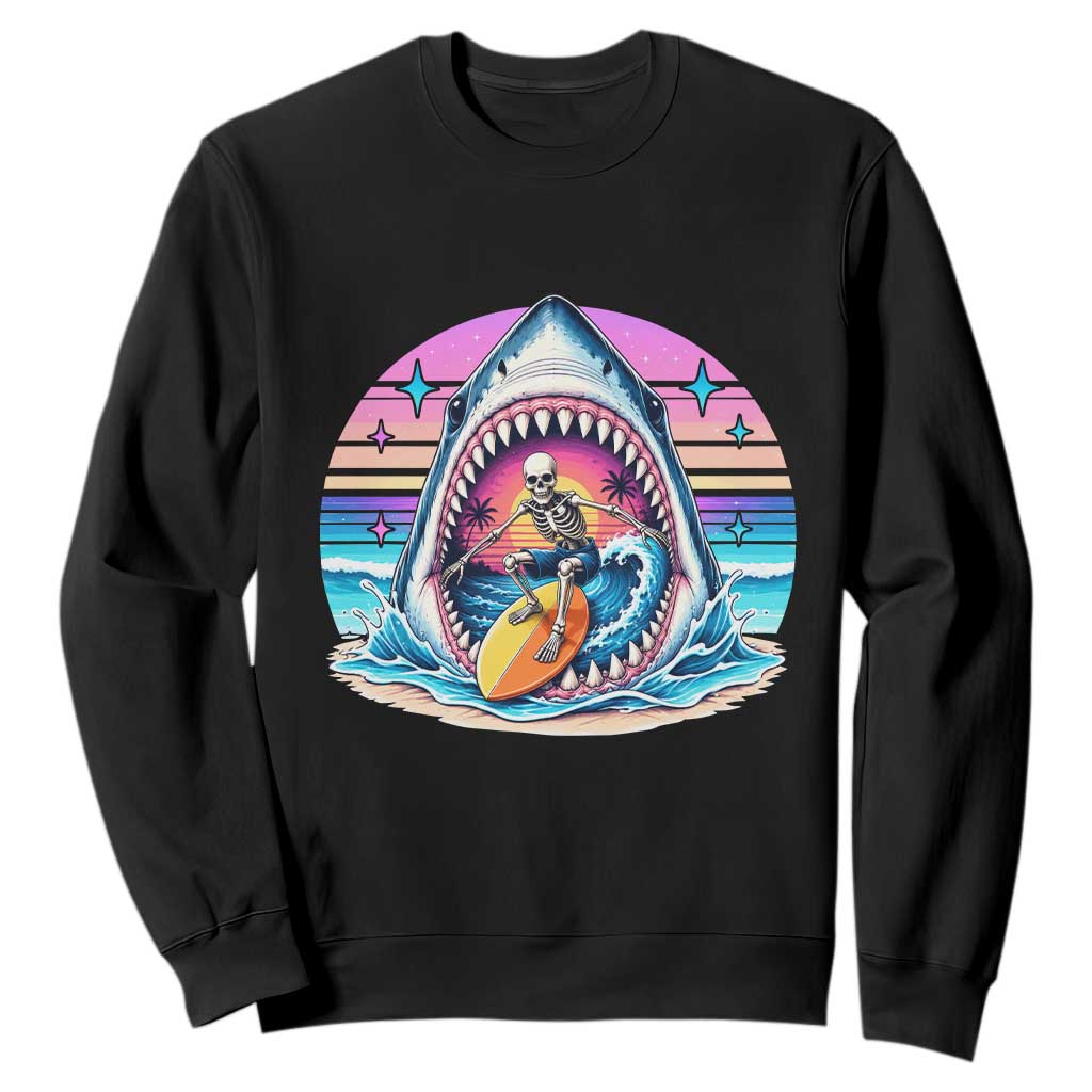Shark Skeleton Surfer Sweatshirt Hawaiian Beach Vacation Gift