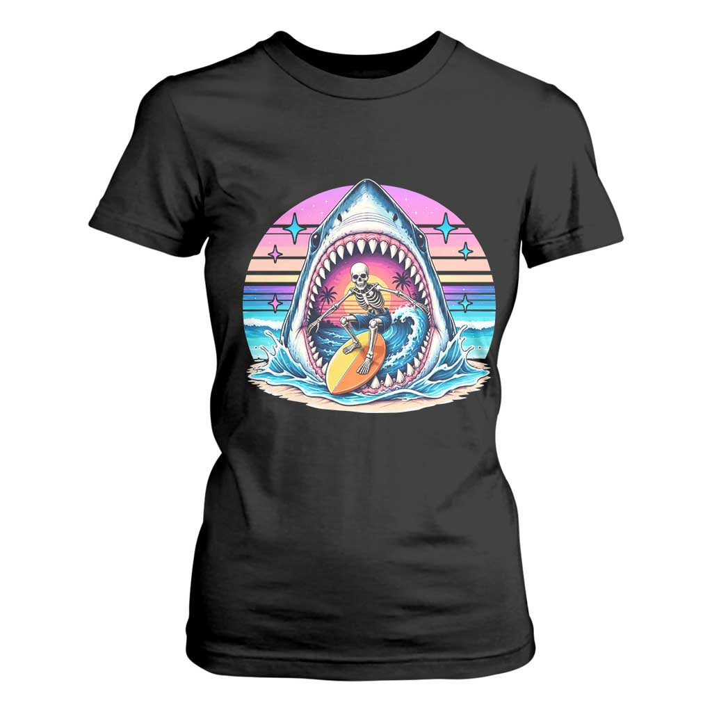 Shark Skeleton Surfer T Shirt For Women Hawaiian Beach Vacation Gift