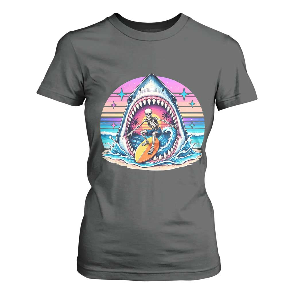 Shark Skeleton Surfer T Shirt For Women Hawaiian Beach Vacation Gift