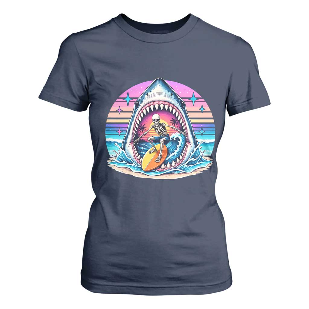 Shark Skeleton Surfer T Shirt For Women Hawaiian Beach Vacation Gift