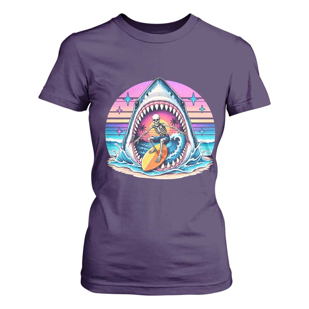 Shark Skeleton Surfer T Shirt For Women Hawaiian Beach Vacation Gift