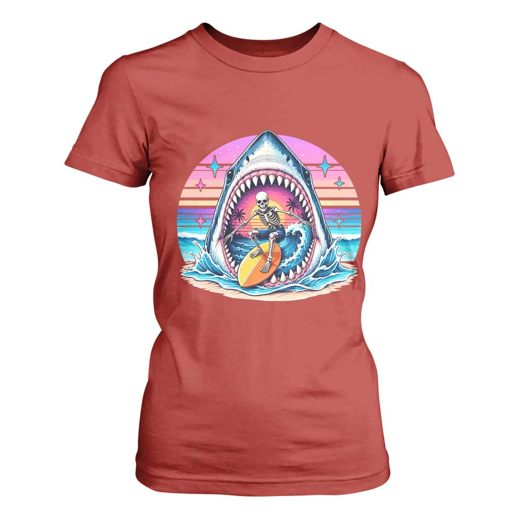 Shark Skeleton Surfer T Shirt For Women Hawaiian Beach Vacation Gift