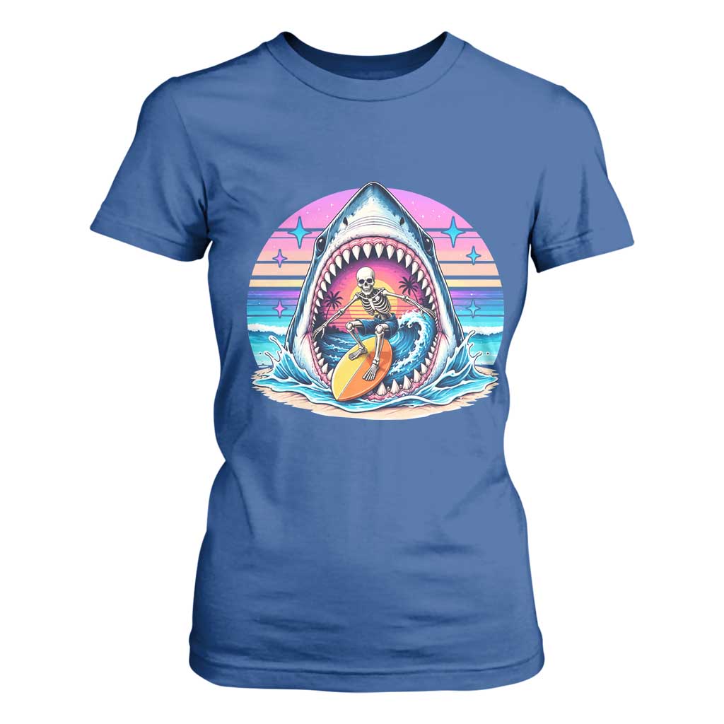 Shark Skeleton Surfer T Shirt For Women Hawaiian Beach Vacation Gift