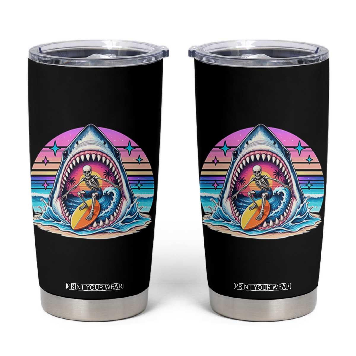 Shark Skeleton Surfer Tumbler Cup Hawaiian Beach Vacation Gift