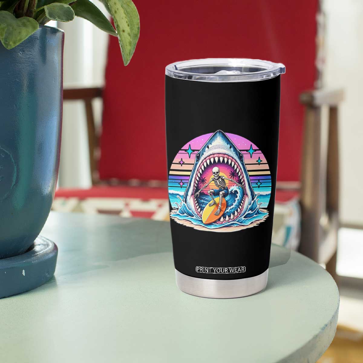Shark Skeleton Surfer Tumbler Cup Hawaiian Beach Vacation Gift